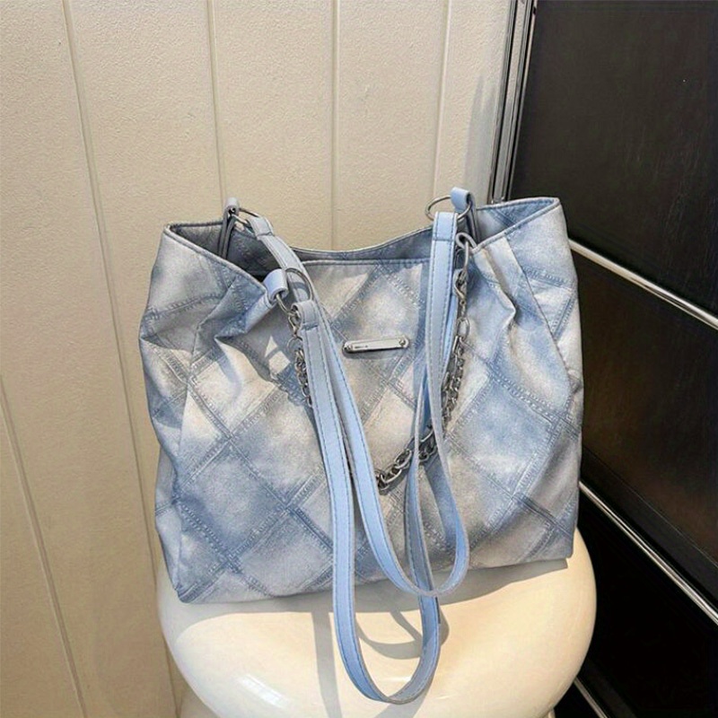 Rhombus Pattern Denim Tote Bag, Trendy Chain Shoulder Bag, Women's