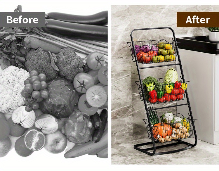  Z&L HOUSE 3 Tier Fruit Vegetable Basket for Kitchen, Extra  with 2 Metal Wire Baskets, Stackable and Practical Fruit Rack, Kitchen  Pantry Multifunctional Storage Cart for Onions and Potatoes (Black)