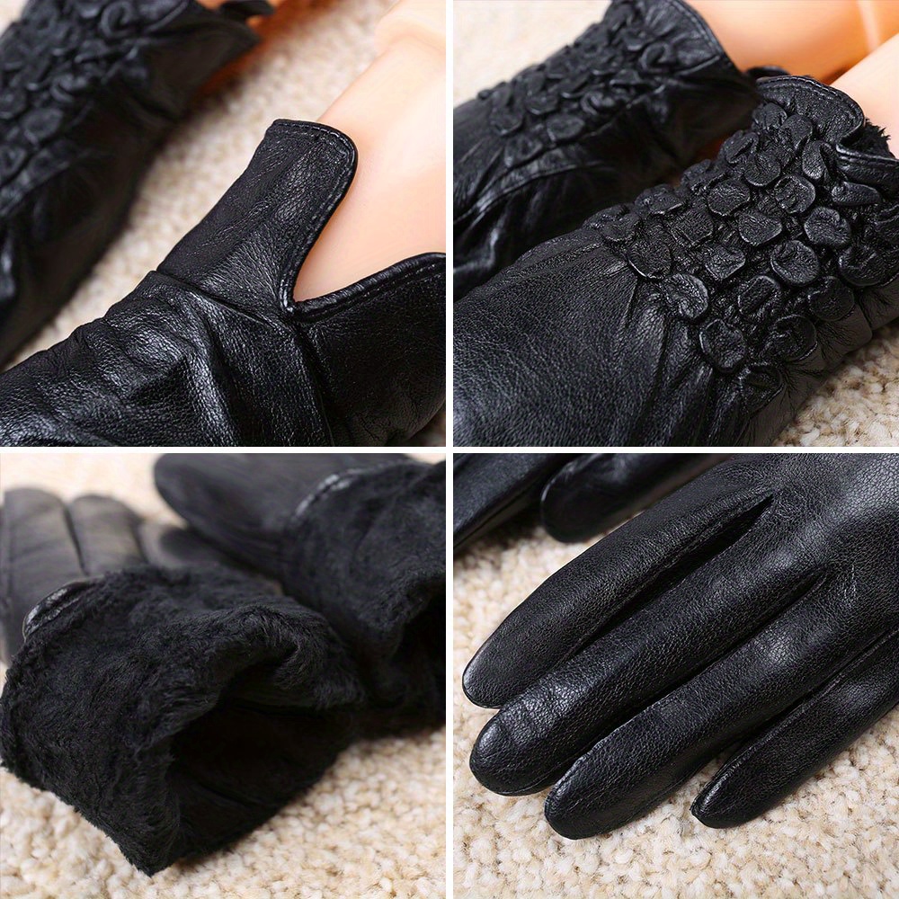 Bow Ruffle Edge Sheepskin Gloves Solid Color Split Finger Genuine Leather  Gloves Ladies Autumn Winter Driving Riding Windproof Warm Gloves - Temu Oman