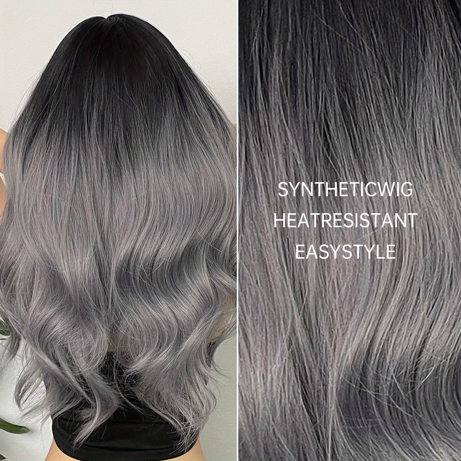 Grey Long Curly Wavy Hair Wigs Bangs Dark Roots Synthetic Temu 4178