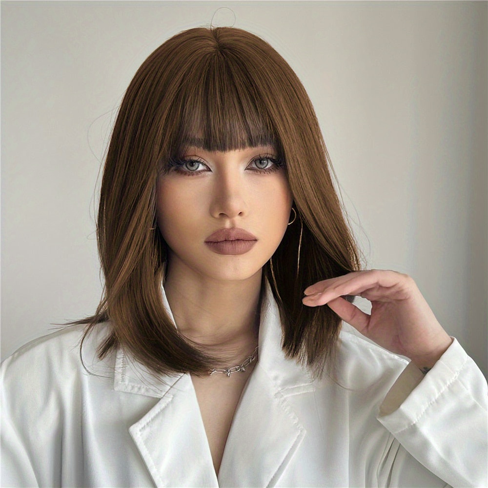 Short straight bob wigs with bangs for women girls synthetic heat