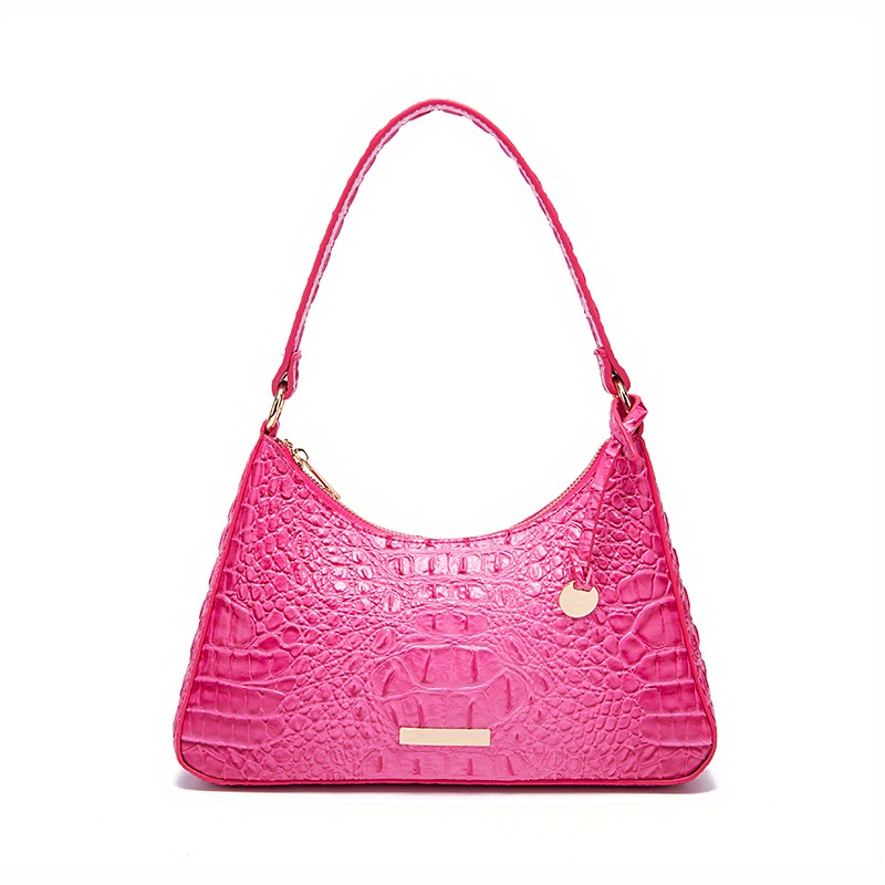 Neon Pink Crocodile Embossed Hobo Bag Stylish Women's Faux Leather