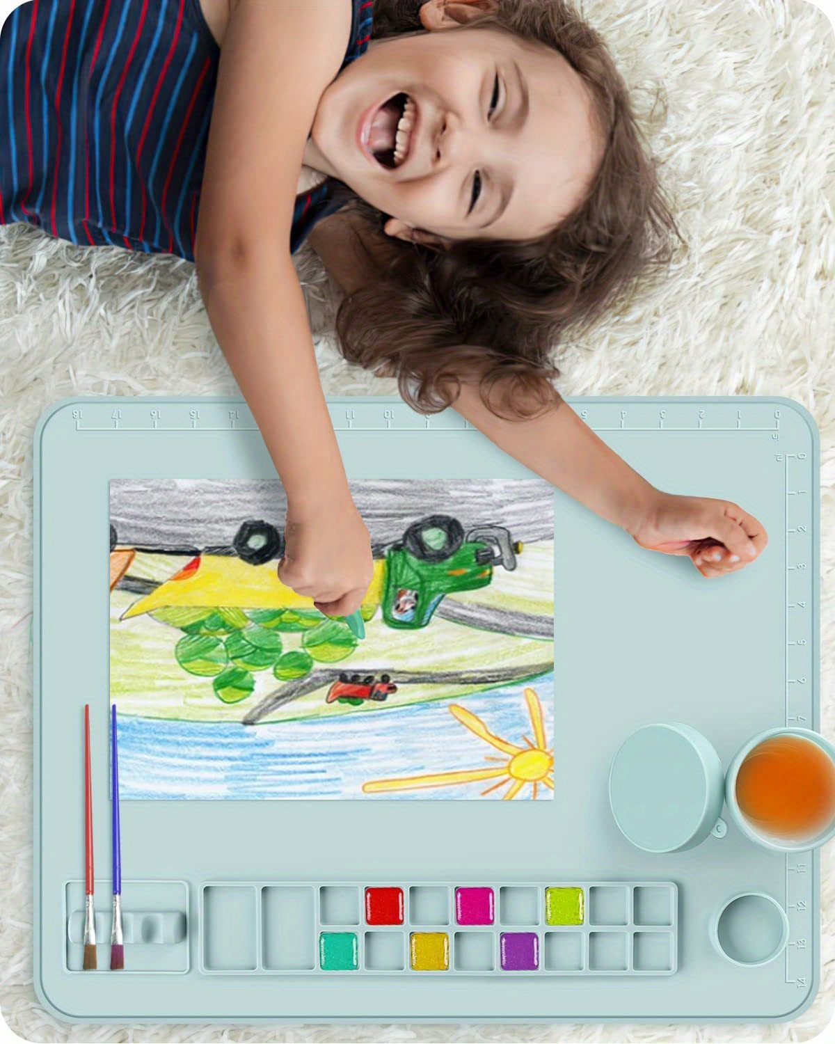 CUZMIGO Silicone Craft Mat with Removable Cups and 3 Painting Brushes,  24×16 Large Non-Stick Painting Mat for Kids, Raised Edge Art Mat for