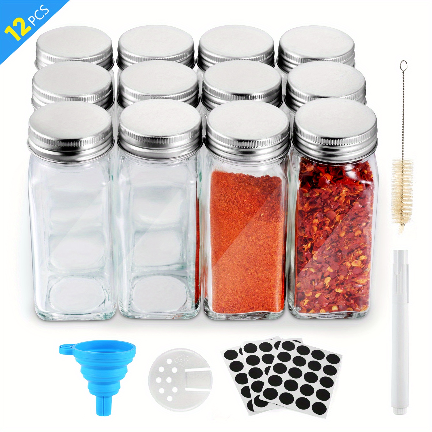 Glass Spice Jars With Labels, Shaker Lids, Airtight Metal , Funnel, And  Cleaning Brush - Organize And Store Your Spices With Ease - Temu