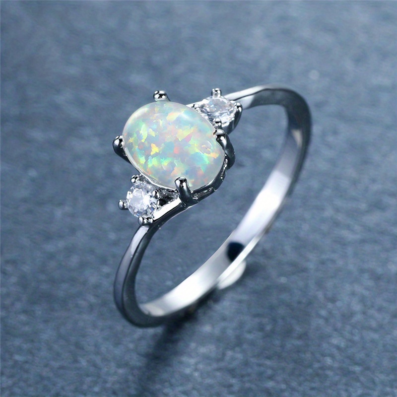 Opal Stone Engagement Ring Classic Silver Crystal Oval Wedding Ring