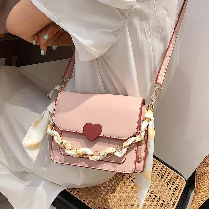 Y2k Love Heart Crossbody Bag Scarf Chain Handbag Women - Temu