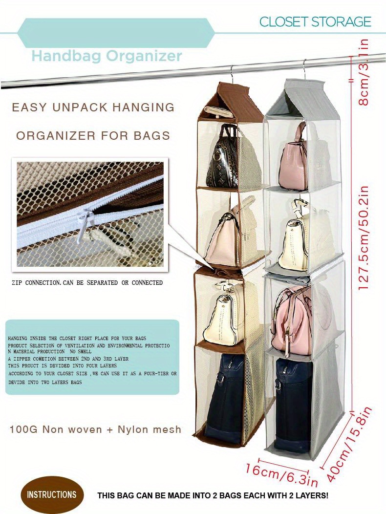 Hanging Purse Handbag Organizer for Closet, Purse Organizer with 4 Mesh  Shelves