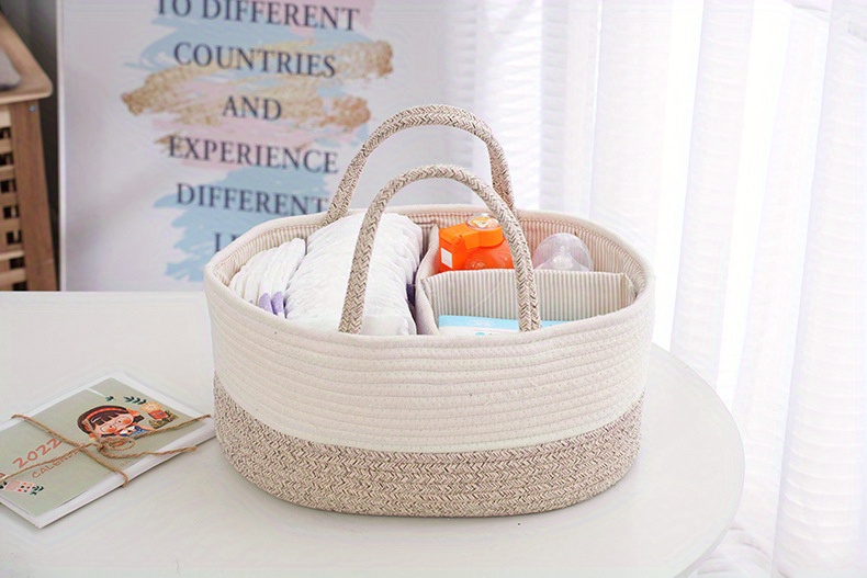 1pc stylish beige woven storage basket for baby diapers and essentials portable rope diaper organizer for changing table   boys and girls laundry baskets details 6