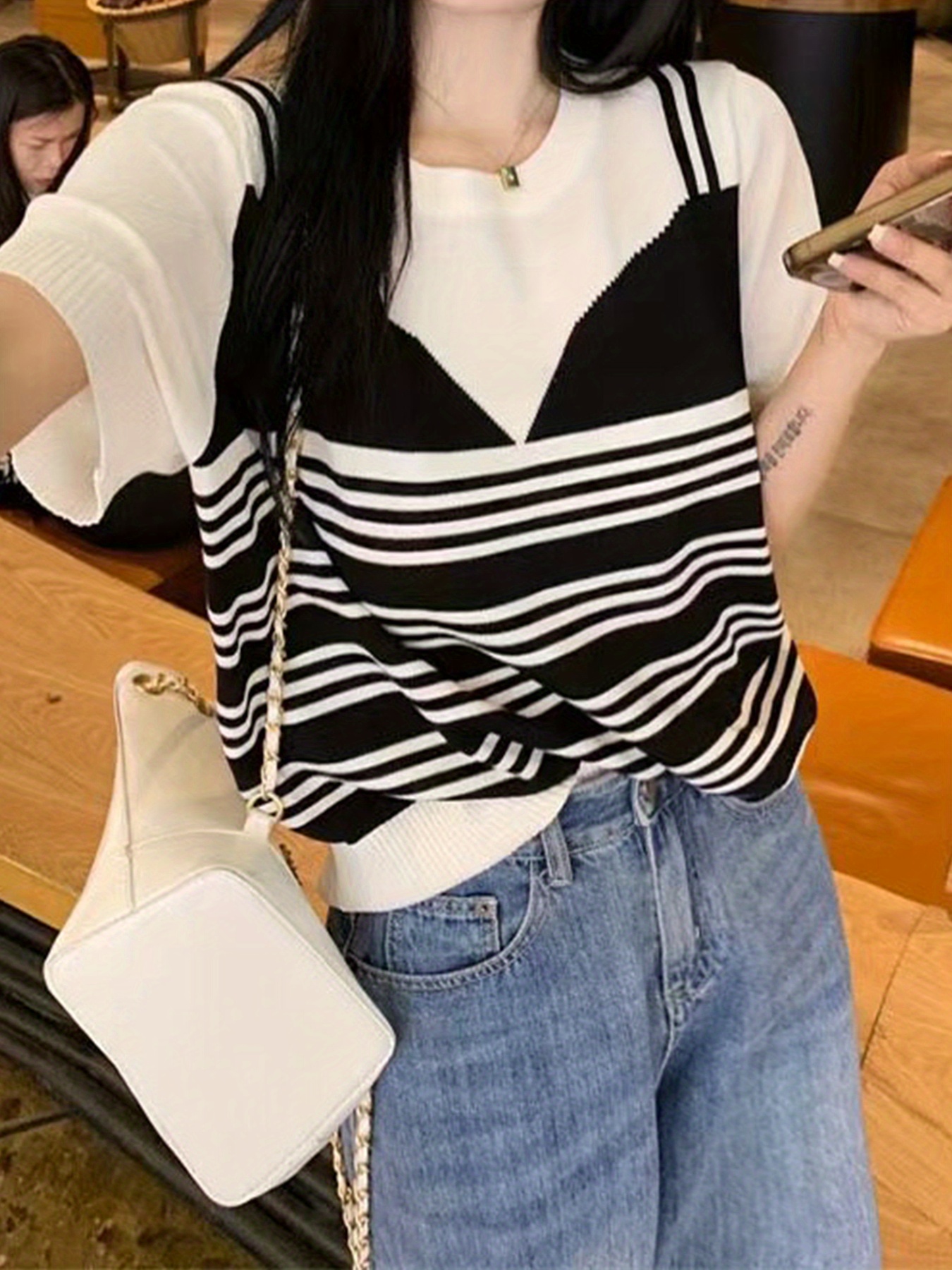 Haut Manches Courtes Rayé Noir & Blanc White House Black Market - Taille XS