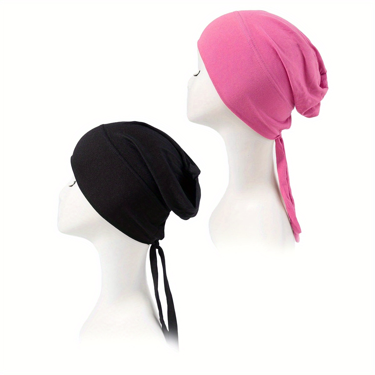 2pcs Lace Up Turban Inner Cap Head Wrap Hijab Underscarf Bonnet Beanie
