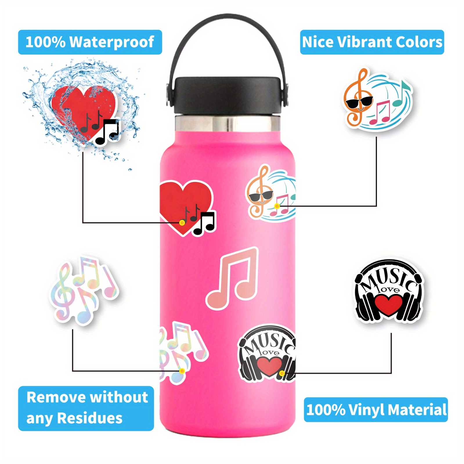 50Pcs Music Stickers for Water Bottles Vinyl Musical Note Stickers for Kids  Wate