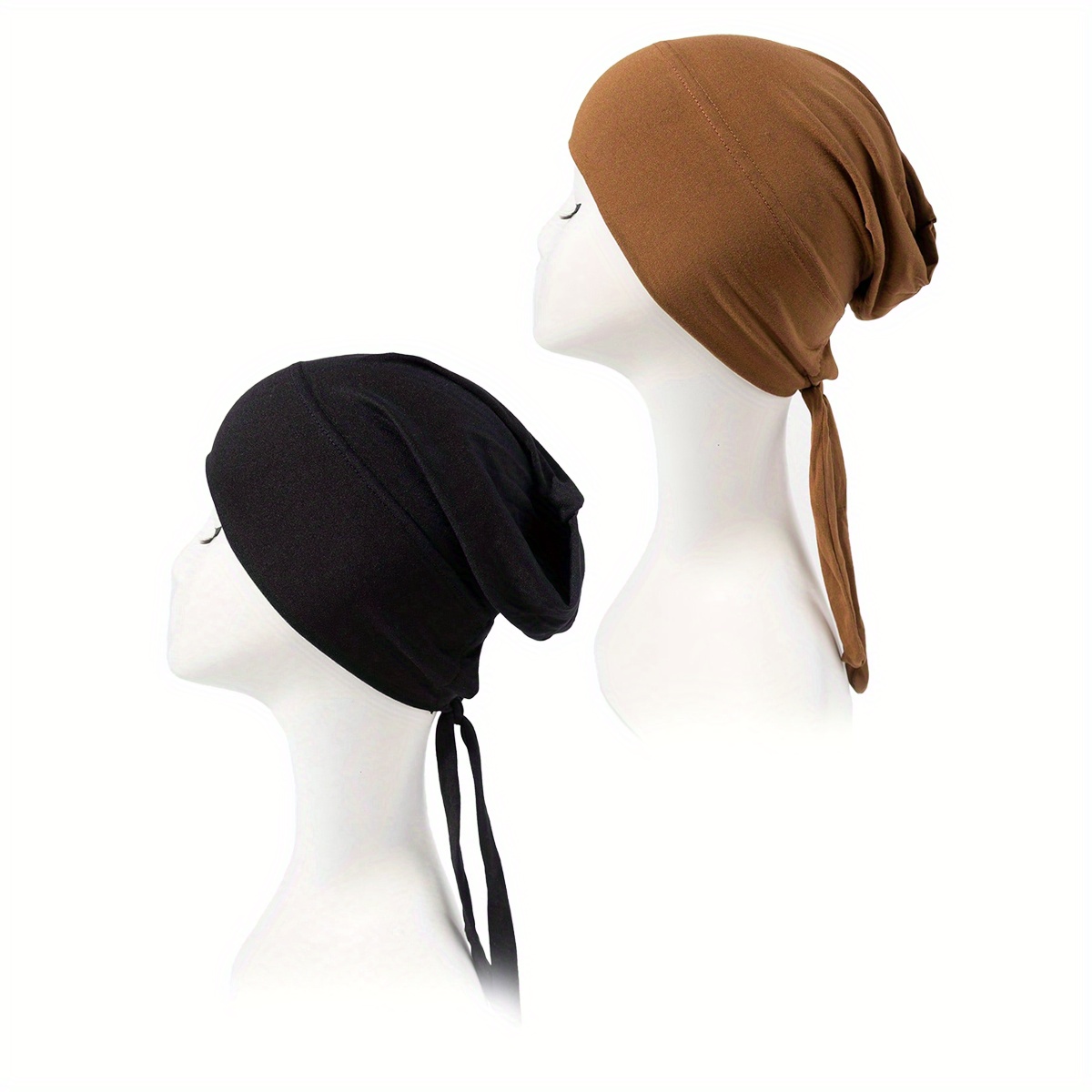 2pcs Lace Up Turban Inner Cap Head Wrap Hijab Underscarf Bonnet Beanie