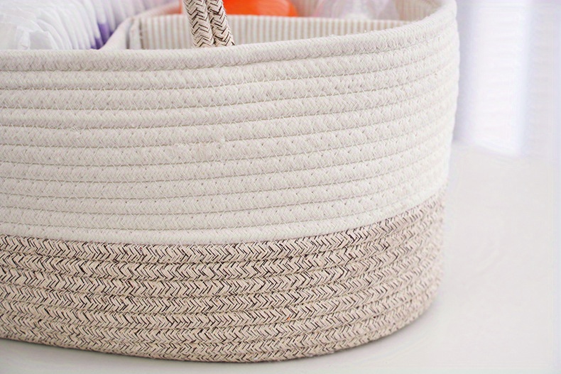 1pc stylish beige woven storage basket for baby diapers and essentials portable rope diaper organizer for changing table   boys and girls laundry baskets details 4