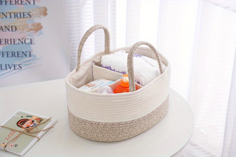 1pc stylish beige woven storage basket for baby diapers and essentials portable rope diaper organizer for changing table   boys and girls laundry baskets details 0