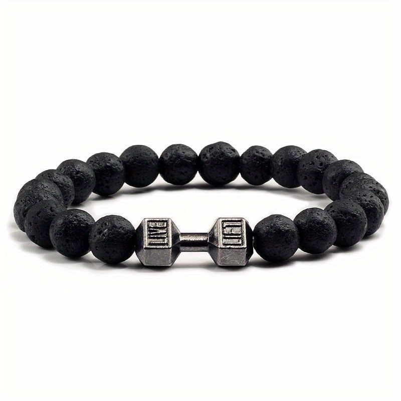 1pc black matte beaded alloy large dumbbell bracelet volcanic stone black 9