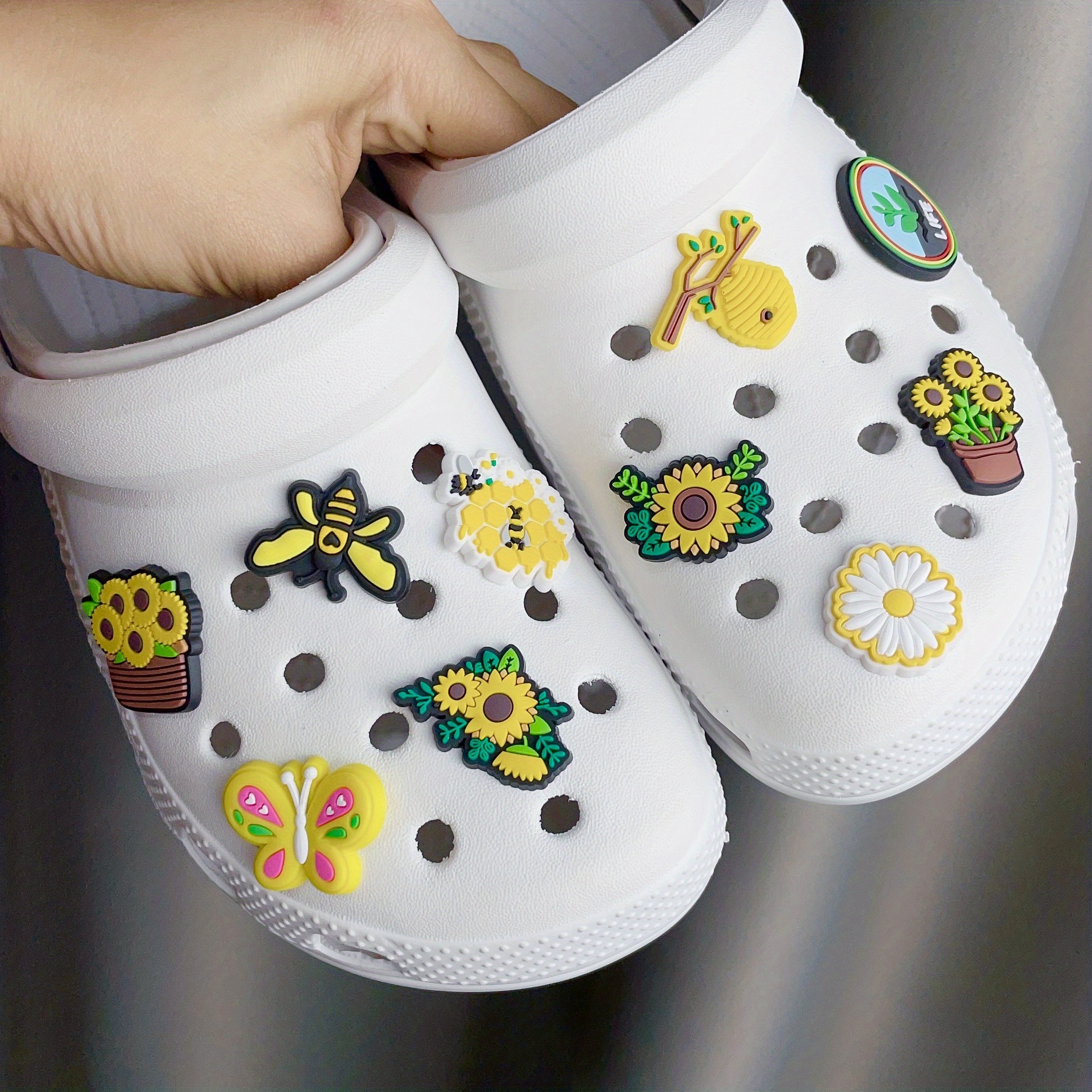 12pcs set pvc charms for crocs bright yellow sunflowers bees garden women sandals slippers decoration random different styles details 4