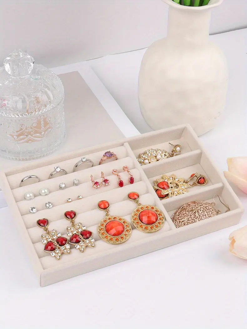 1 шт. бежевый бархатный поднос для украшений, аксессуаров, серег, колец, дисплей, ящик для хранения, поднос, комод, органайзер для косметики, детали 5