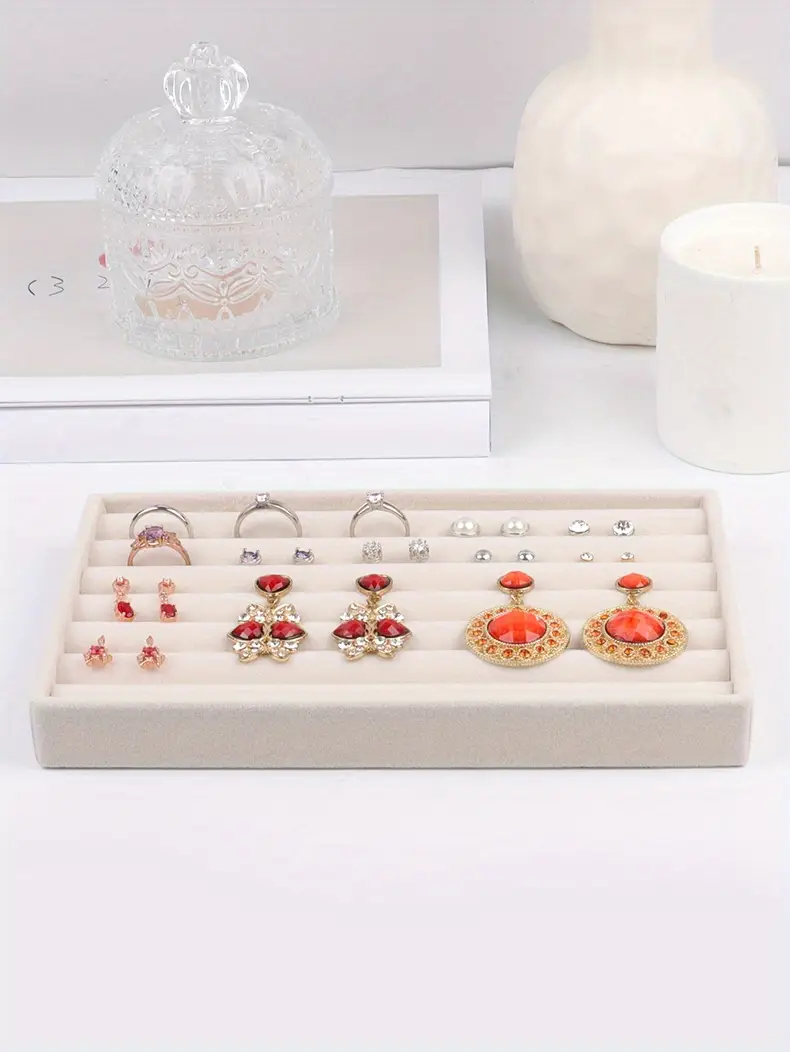 1 шт. бежевый бархатный поднос для украшений, аксессуаров, серег, колец, дисплей, ящик для хранения, поднос, комод, органайзер для косметики, детали 2