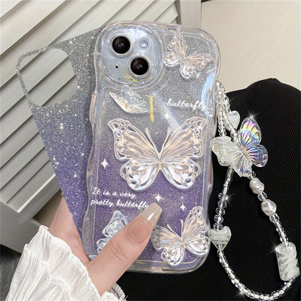 Wave Glitter Kelebek ve Bileklik Telefon Kılıfı iPhone 14 13 12 11 Plus Pro Max için