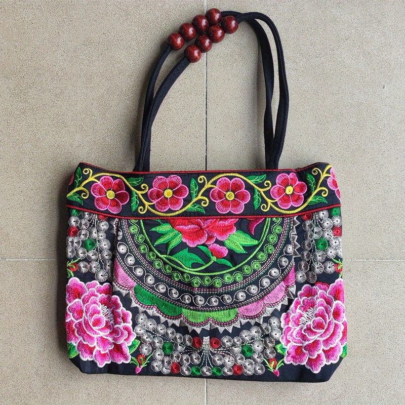 Flower Embroidery Canvas Handbag Women s Beads Decor Ethnic Temu