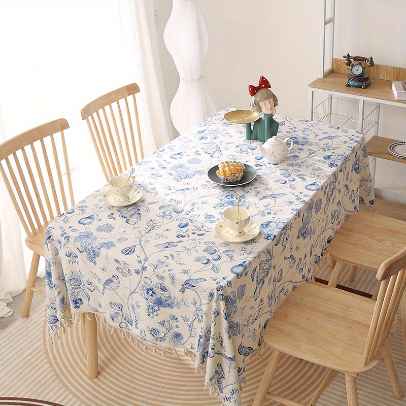 Virtumob Rectangle Tablecloth - 60 X 120 Inch Blue Floral Rustic Tablecloth Classic French Country Printed Table Cover Farmhouse Decoration, Suitable For Home, Kitchen Dining