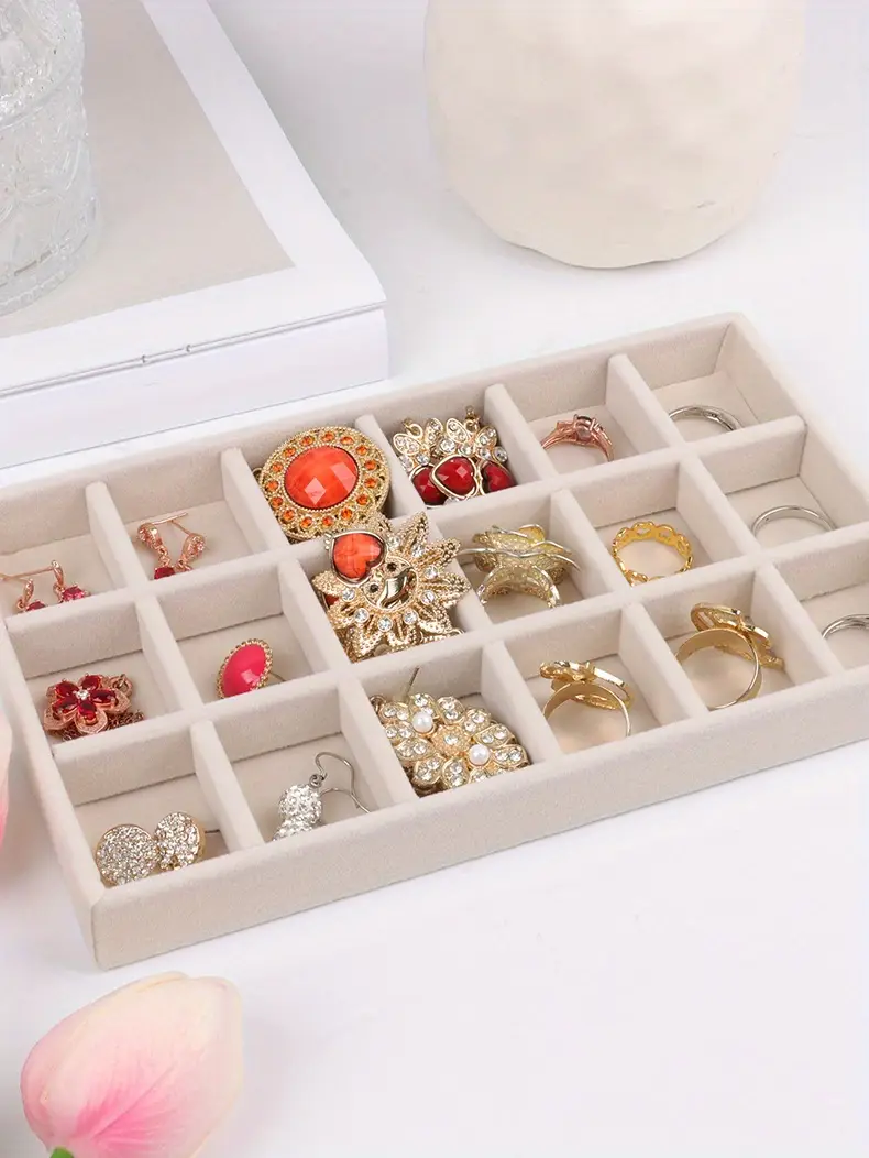 1 шт. бежевый бархатный поднос для украшений, аксессуаров, серег, колец, дисплей, ящик для хранения, поднос, комод, органайзер для косметического стола, детали 8