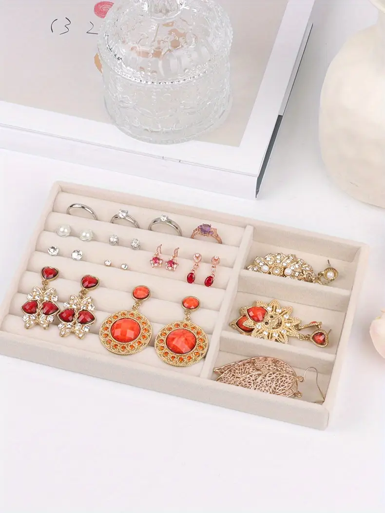 1 шт. бежевый бархатный поднос для украшений, аксессуаров, серег, колец, дисплей, ящик для хранения, поднос, комод, органайзер для косметики, детали 4