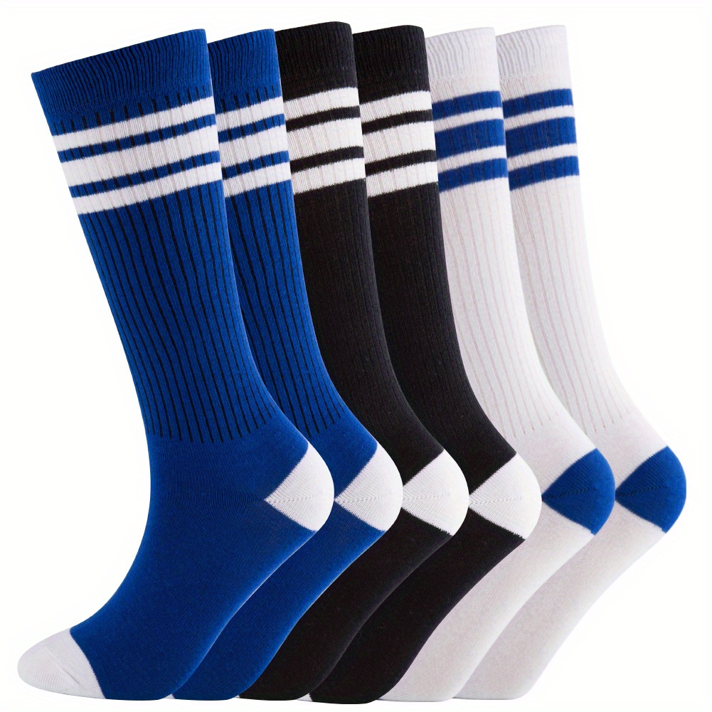 Image of 3 Pairs Boys' Knee-high Tube Socks With Triple Stripe - Breathable, Machine Washable Suitable For Baby Boys, Boys, - Striped Warmers For Wear