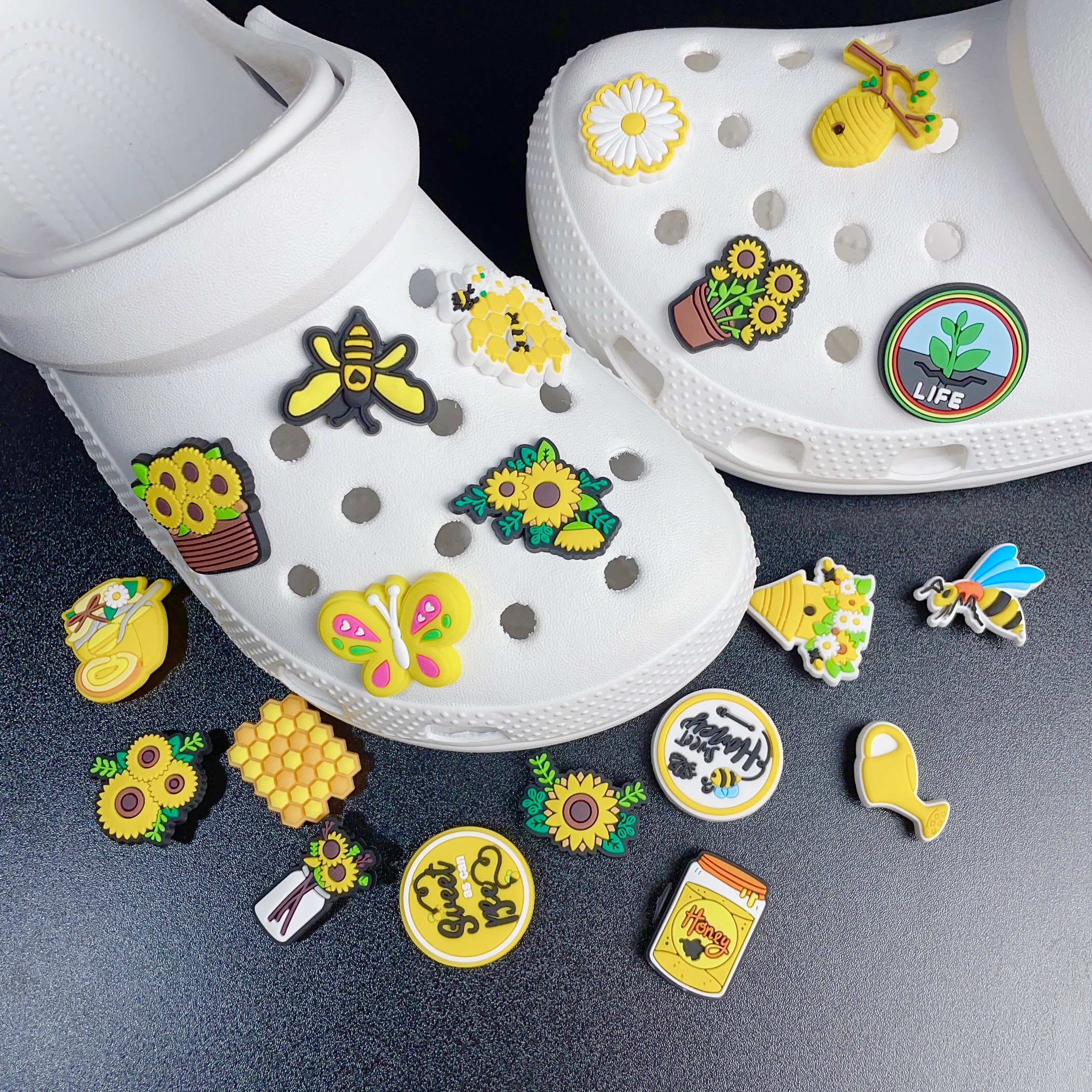 12pcs set pvc charms for crocs bright yellow sunflowers bees garden women sandals slippers decoration random different styles details 2