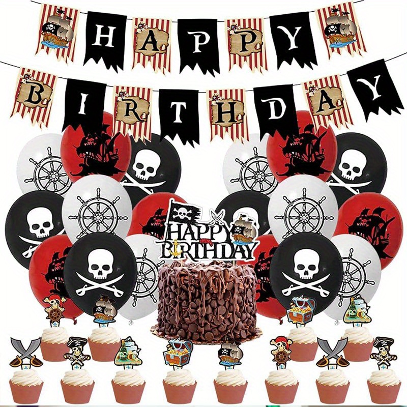 Pirate Party Decorations,Pirate Birthday Party Supplies,Pirate Themed Party  Decorations Include Pirate Themed Backdrop Tablecloth Pirate Ballon Cake