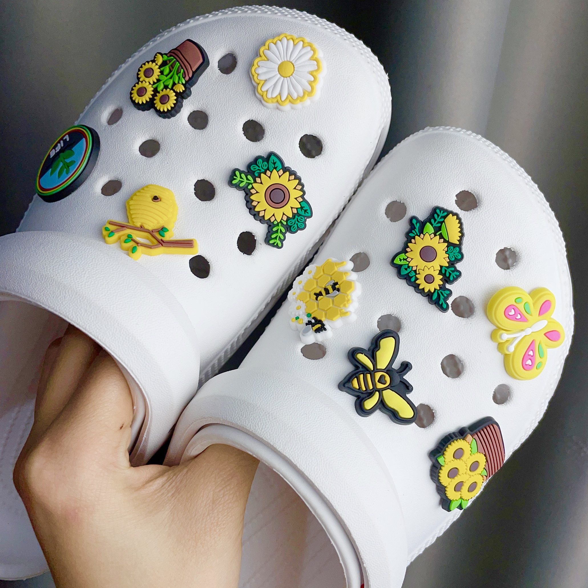 12pcs set pvc charms for crocs bright yellow sunflowers bees garden women sandals slippers decoration random different styles details 3