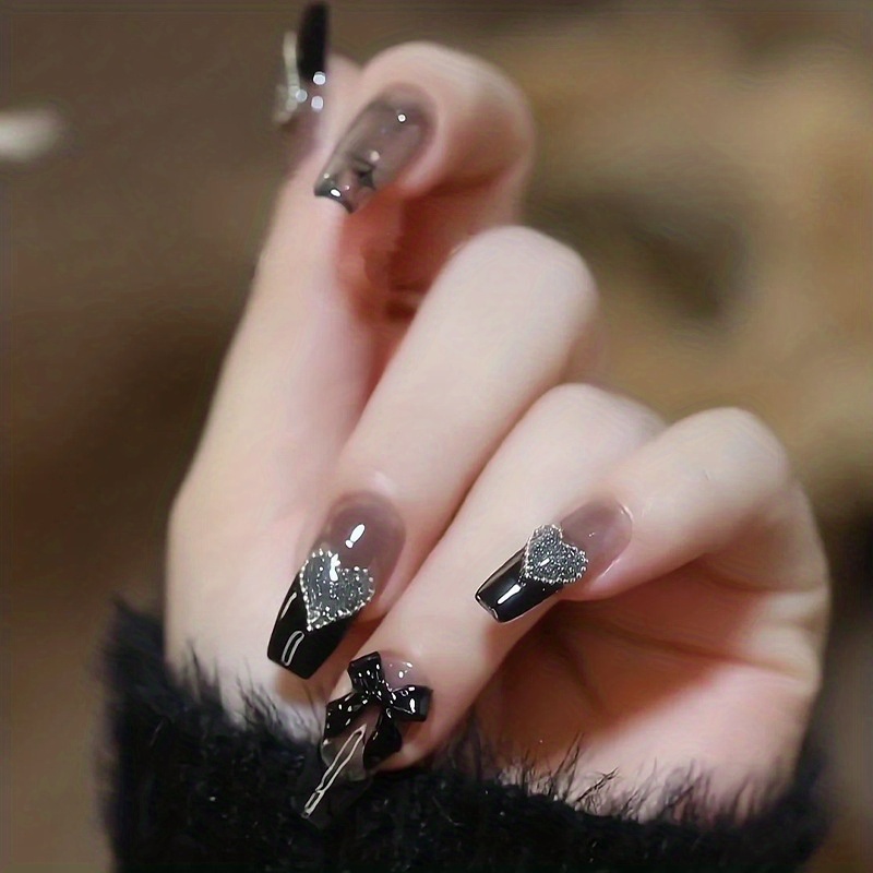 TEMU 24pcs Black Press On Nails With - Detachable French Acrylic False Nails, Heart & Rhinestone Design, Oval Shape, Glossy Finish For Parties,