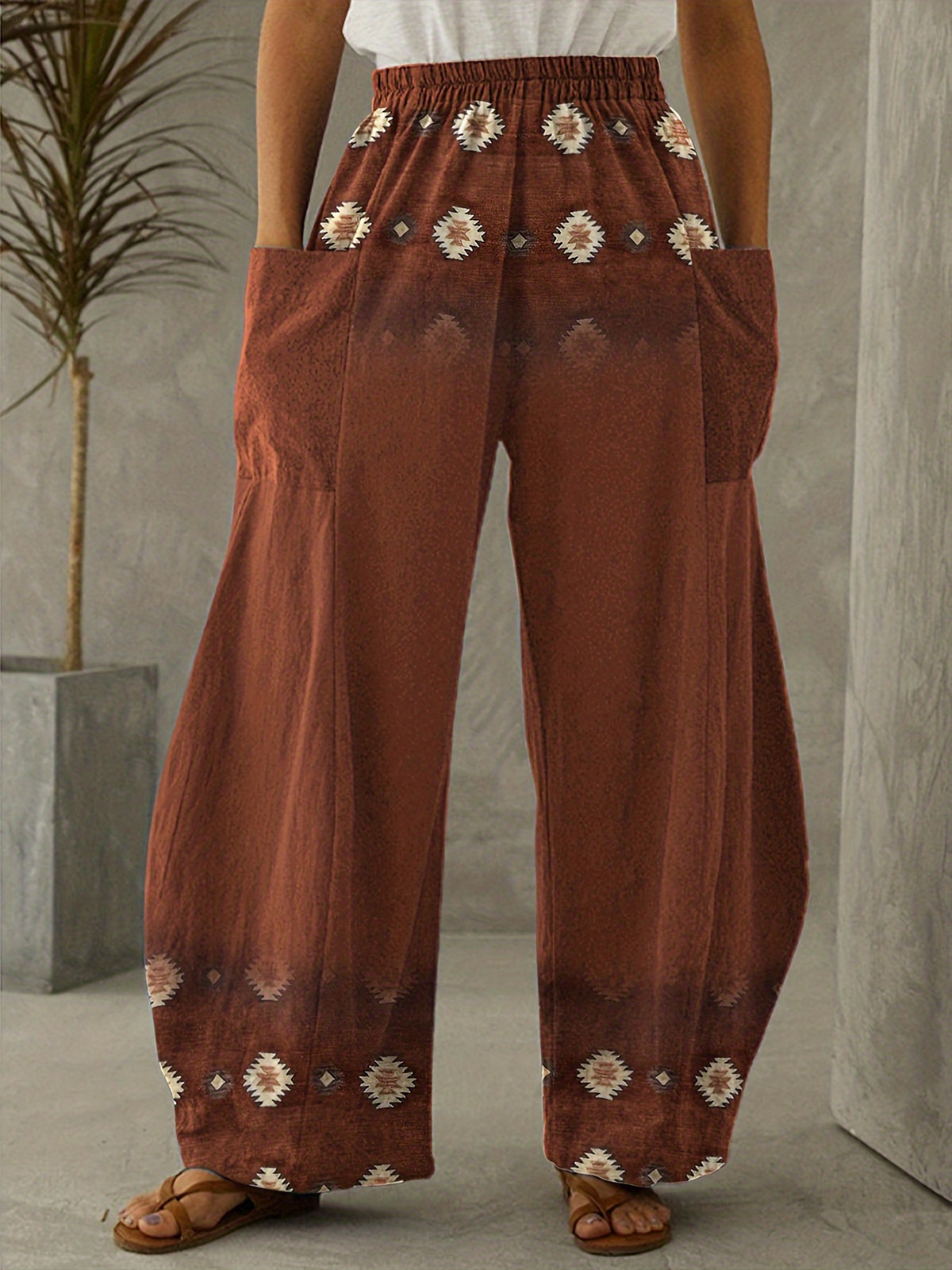 Boho Geometric Print Wide Leg Pants Pantalones Casuales - Temu Mexico