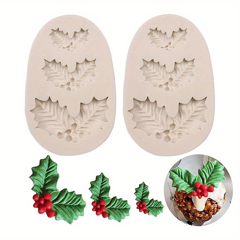 1pc christmas holly leaf chocolate mold 3d silicone mold candy mold fondant mold for diy cake decorating tool baking tools kitchen gadgets kitchen accessories home kitchen items details 0