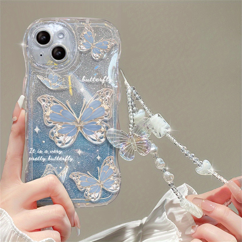 Phone Case: Luxury Romantic Wave Glitter Soft Phone Case For Iphone 14 Pro Max 12 Pro 13 11 Clear Cover With Chain Lanyard