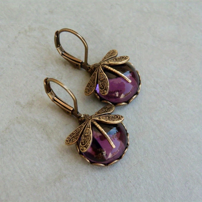 1pair metal dragonfly unisex earrings vintage trendy earrings for men purple 11
