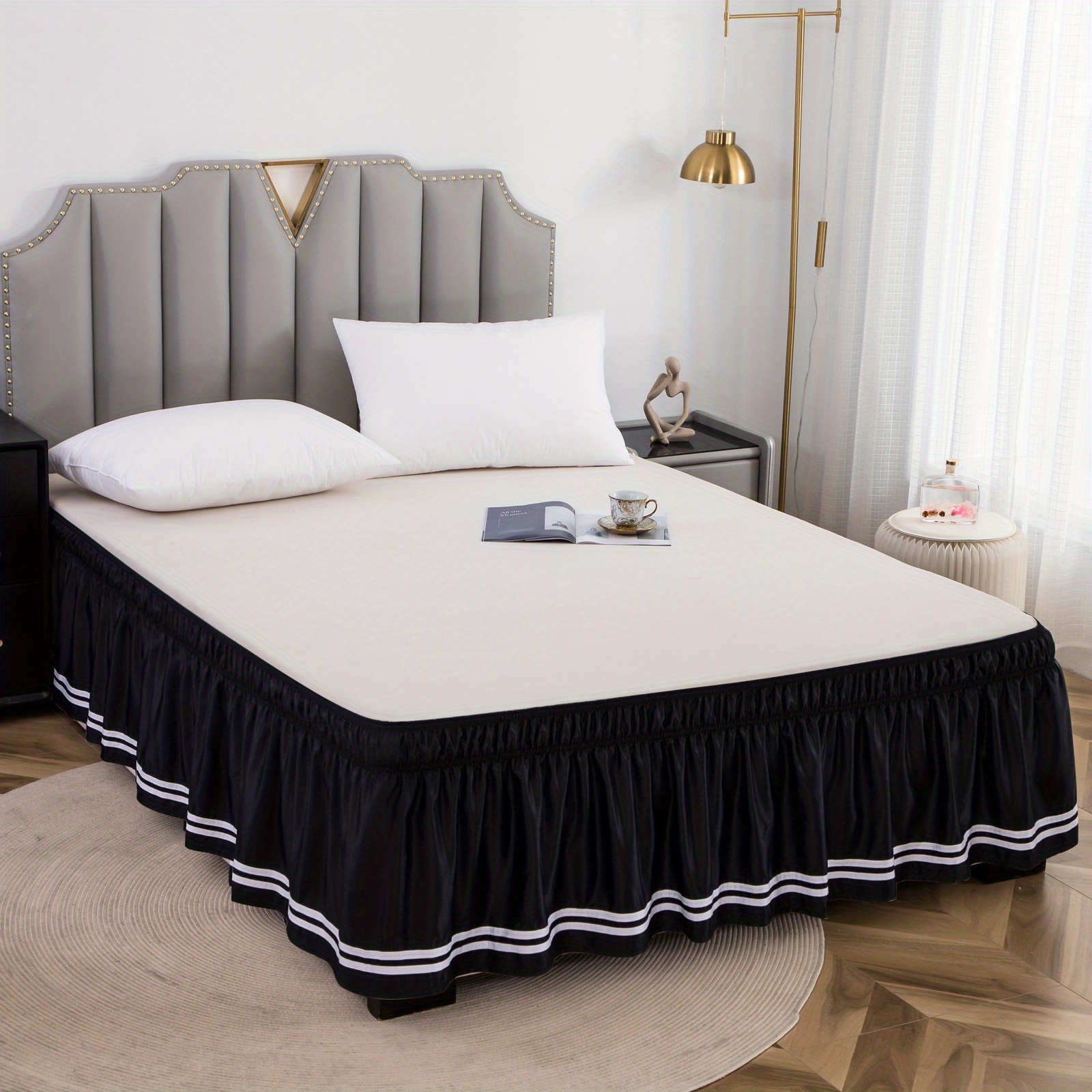 1pc Bed Skirt Striped Style Double Line Elastic Bed Skirt Black