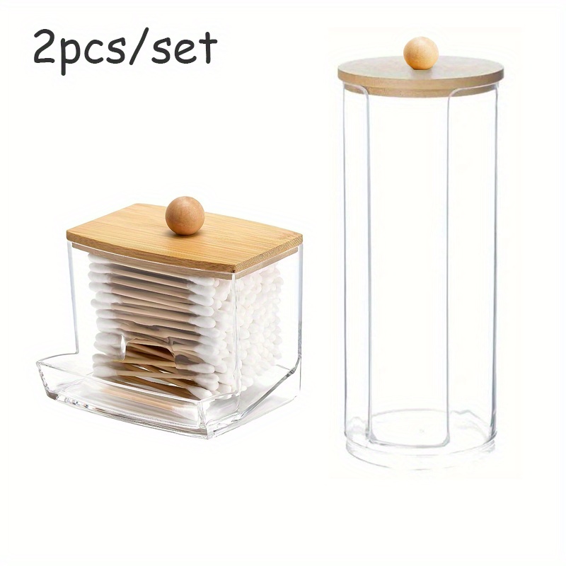 Clear Qtip Holder Storage Canister Organizer With Bamboo Lid