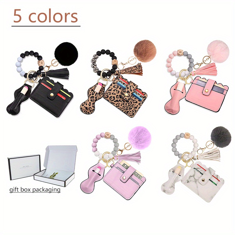 premium leather keyring card holder wallet elastic silicone beaded tassel keychain and lipstick holder for women gift keychain accessories for women 6pcs details 1