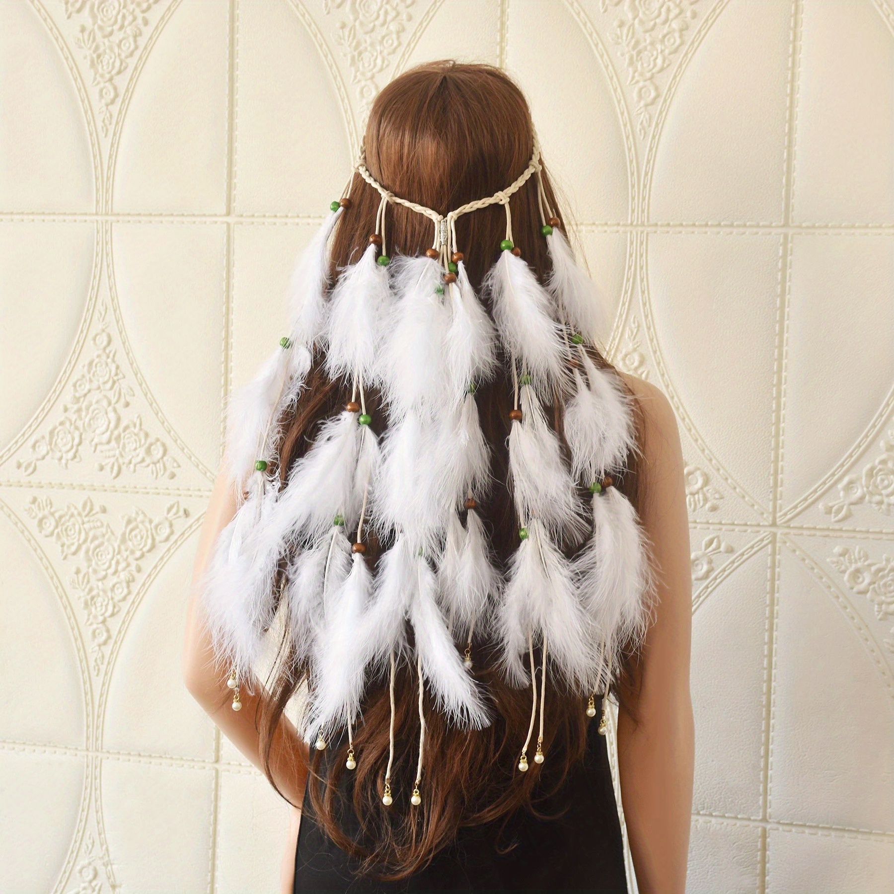 Acessórios de cabelo estilo Hippie, faixa de cabeça de penas falsas no  estilo Boho para meninas e mulheres