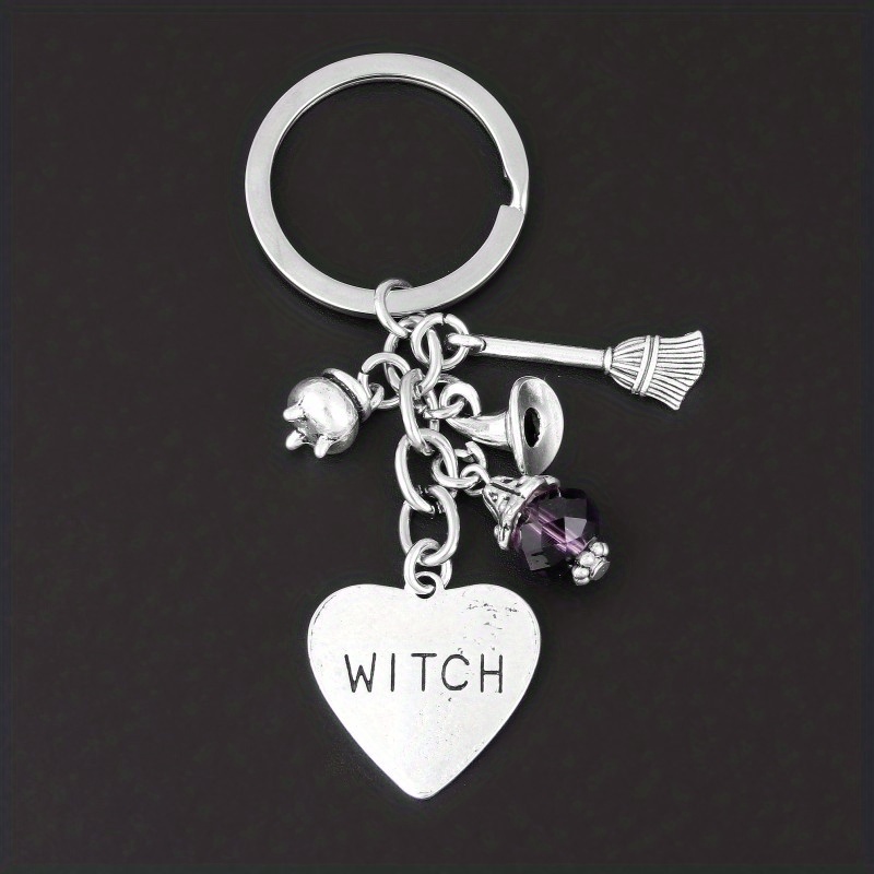 Image of Nxqxn Witch Broom Charm Keychain - Heart-shaped Witch Broom With Purple Beads & Broomstick Pendant, Magical Accessory For Halloween Party, Witch Costume Gift (single)