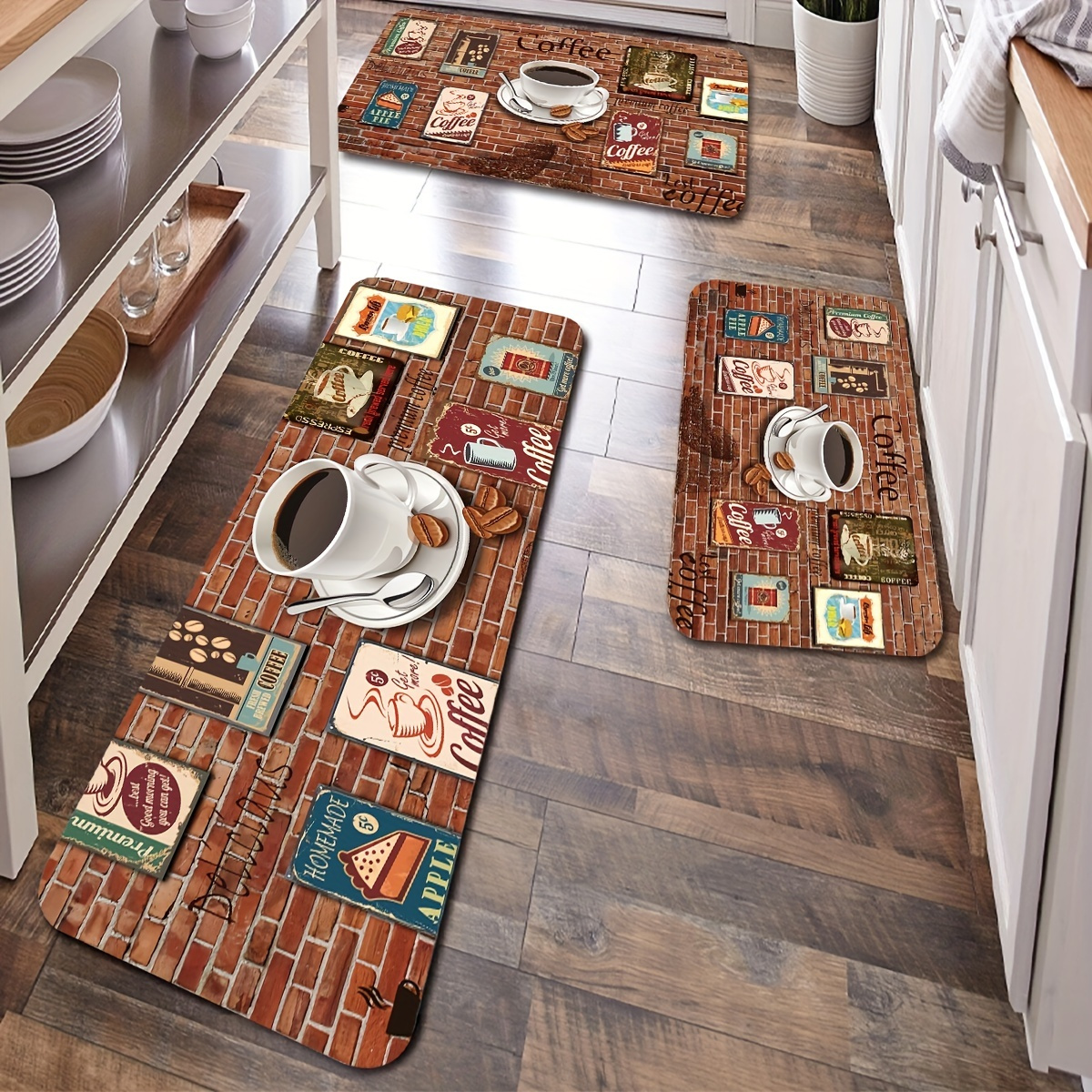 Coffee Cup Printed Kitchen Rug, Anti-slip Absorbent Memory Foam