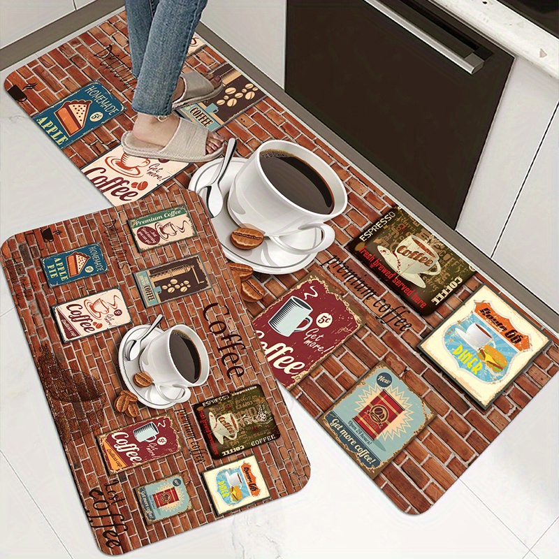 Coffee Cup Printed Kitchen Rug, Anti-slip Absorbent Memory Foam