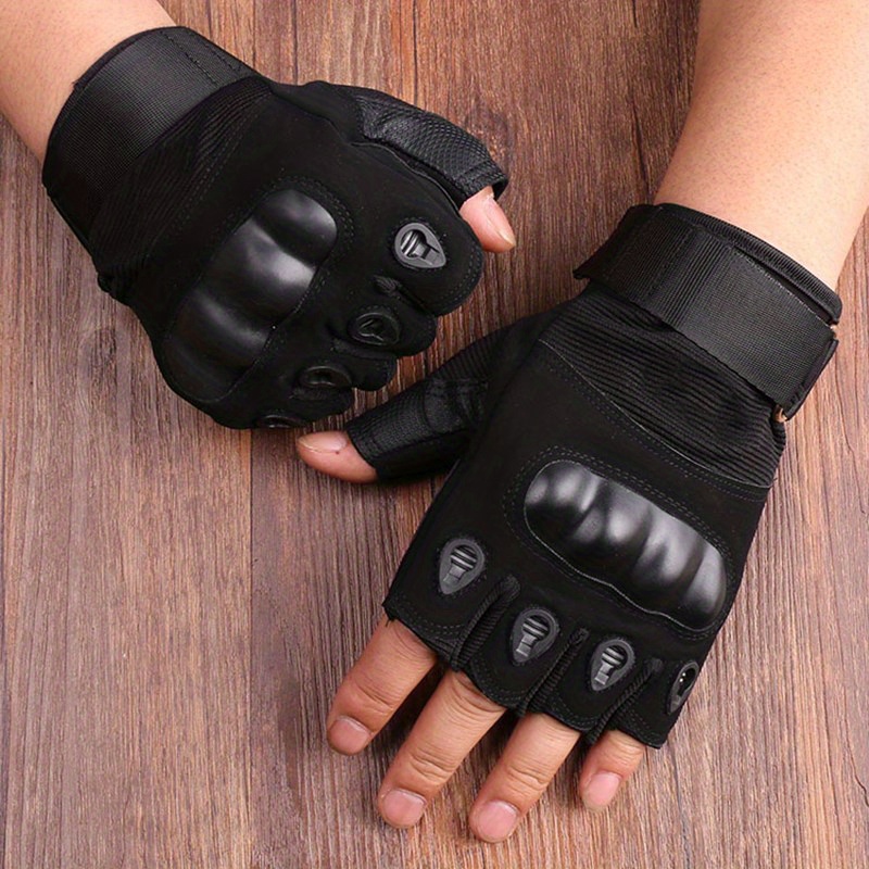 Men's Sporty Fingerless Leather Gloves - Black - L