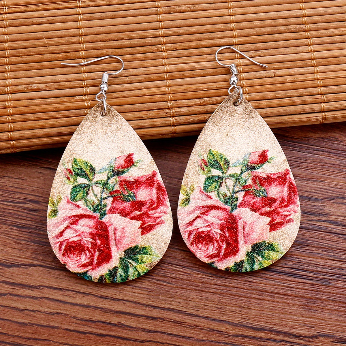 Pendientes Forma L grima Cuero Pu Flor Rosa Retro Accesorios