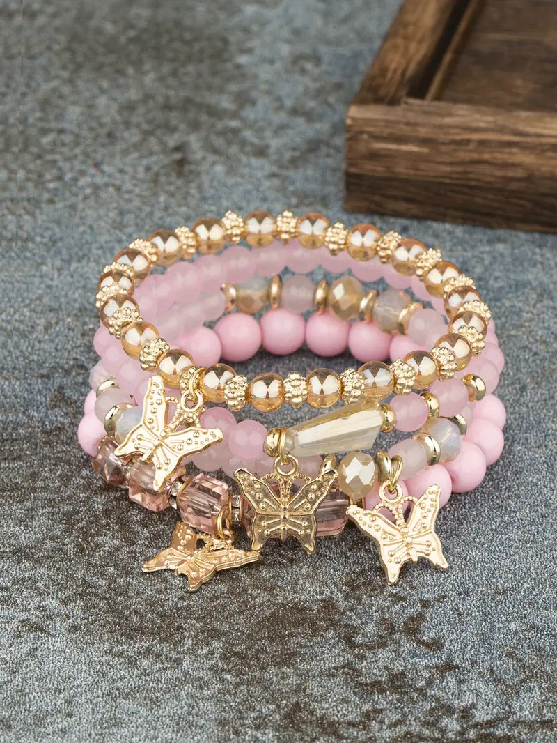 4pcs bohemian bracelets creative hand jewelry butterfly crystal multilayer stretch beaded bracelets details 0