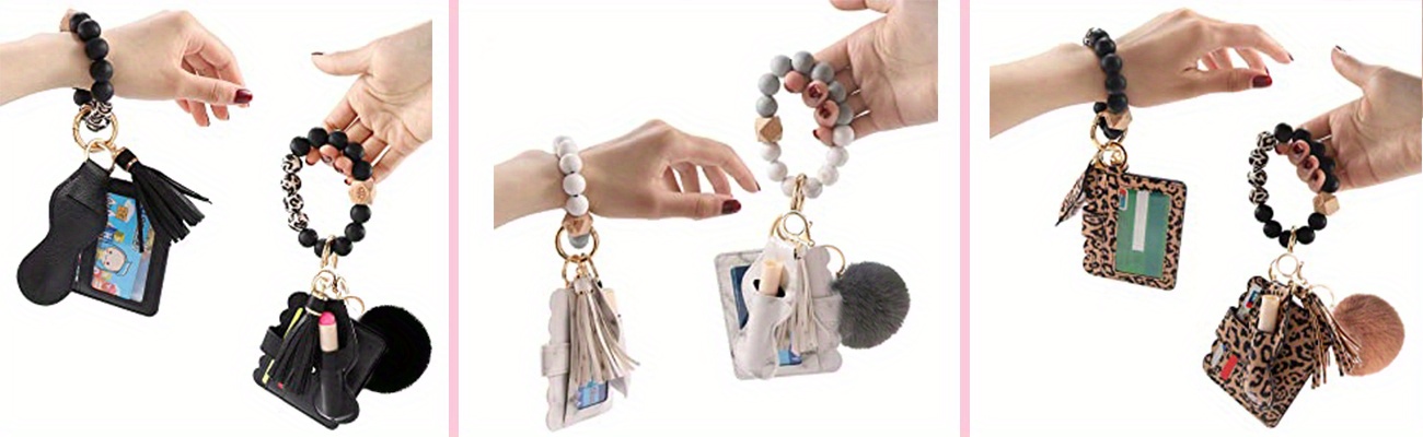 premium leather keyring card holder wallet elastic silicone beaded tassel keychain and lipstick holder for women gift keychain accessories for women 6pcs details 2