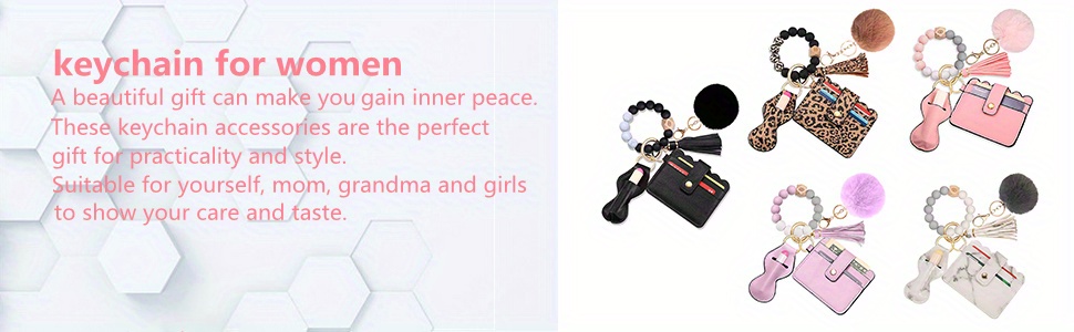 premium leather keyring card holder wallet elastic silicone beaded tassel keychain and lipstick holder for women gift keychain accessories for women 6pcs details 0