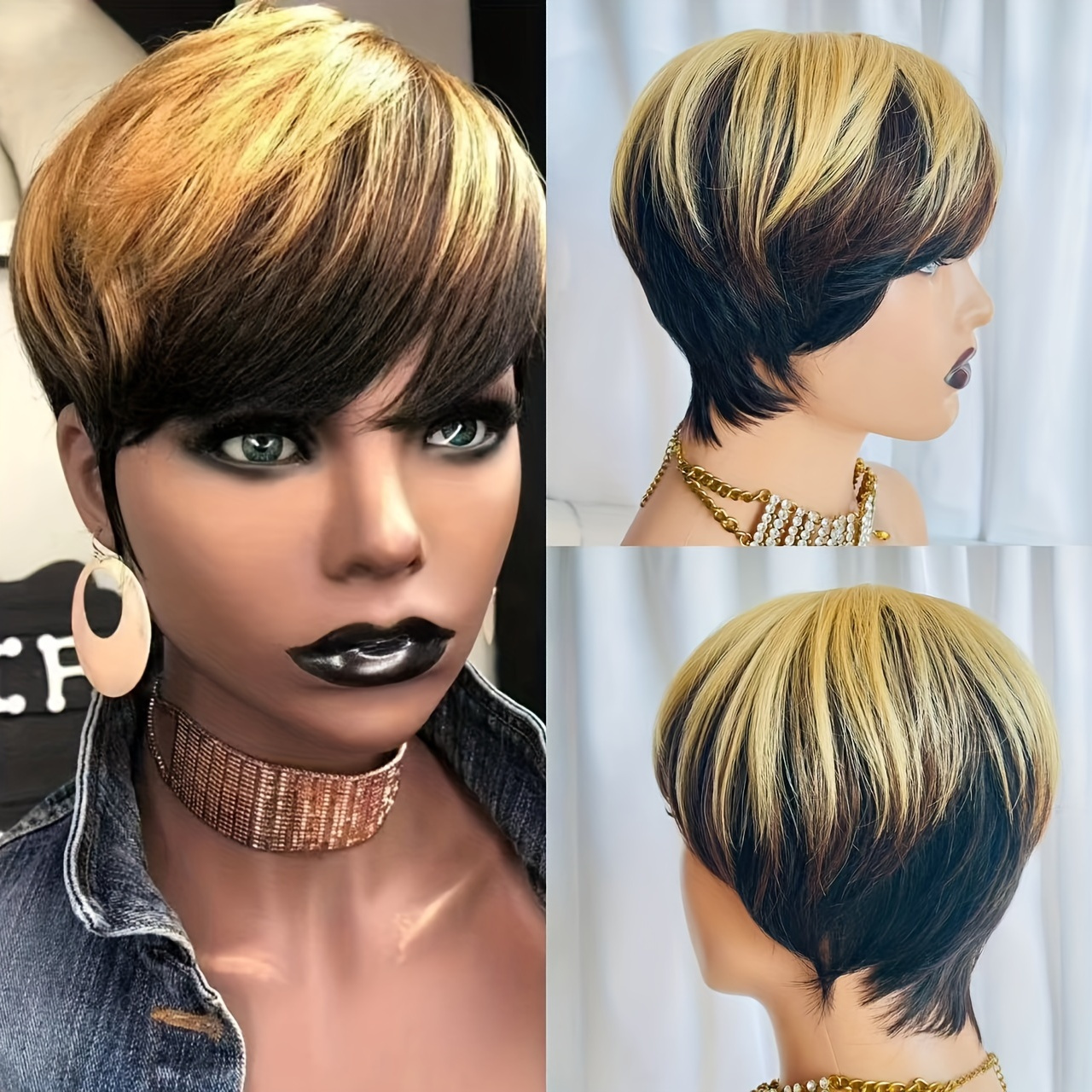 Ombre Blonde Black Short Straight Human Hair Wigs With Bangs Short Pixie Cut Hair Wigs For Women Glueless Pre Plucked Human Hair Wigs