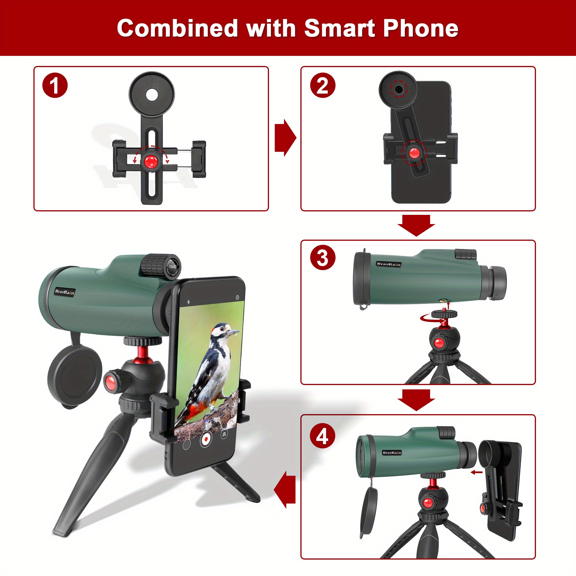 15x50 monocular telescope for smartphone high powered monoculars for adults kids friends with phone holder tripod for hiking hunting camping bird watching travel details 7